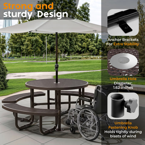 Metal Picnic Table - Round Expanded Metal - 46 in - Brown - ADA Compliant