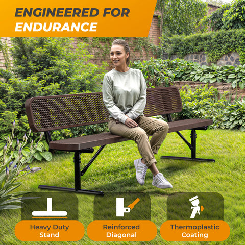 Heavy-Duty Outdoor Bench - Expanded Metal - 8ft - Portable - Brown - With Backrest