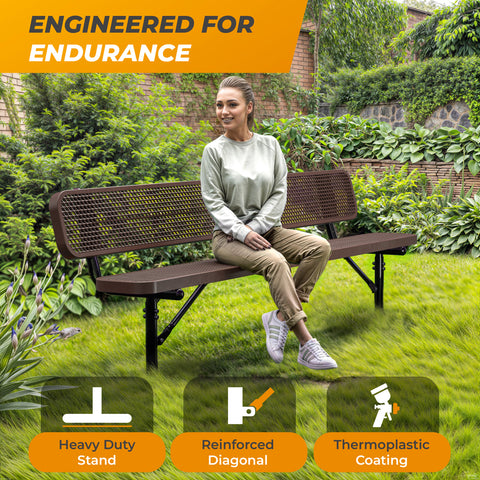 Heavy-Duty Outdoor Bench - Expanded Metal - 8ft - Inground - Brown - With Backrest