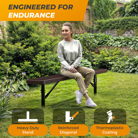 Heavy-Duty Outdoor Bench - Expanded Metal - 6ft - Inground - No Back - Brown