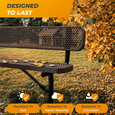 Heavy-Duty Outdoor Bench - Expanded Metal - 8ft - Inground - Brown - With Backrest