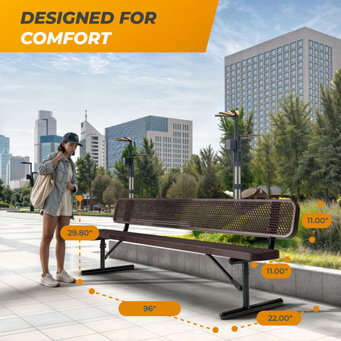 Heavy-Duty Outdoor Bench - Expanded Metal - 8ft - Portable - Brown - With Backrest