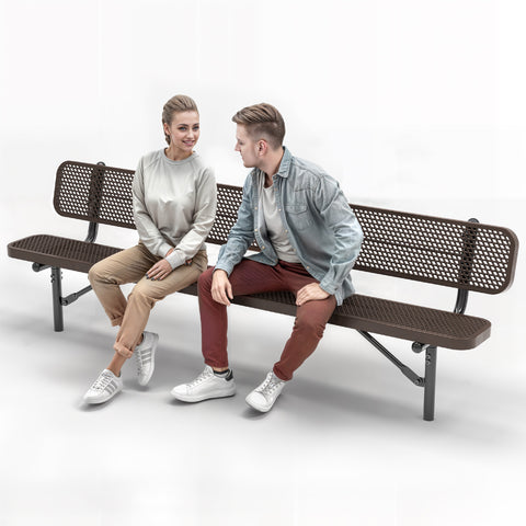 Heavy-Duty Outdoor Bench - Expanded Metal - 8ft - Inground - Brown - With Backrest