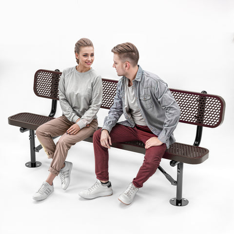 Heavy-Duty Outdoor Bench - Expanded Metal - 6ft - Surface - With Back - Brown