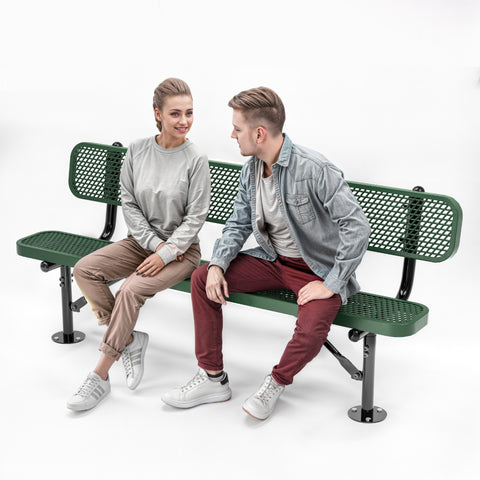 Heavy-Duty Outdoor Bench - Expanded Metal - 6ft - Surface - With Back - Green