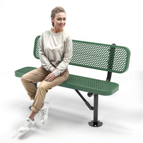 Heavy-Duty Outdoor Bench - Expanded Metal - 4ft - Surface - Green - With Backrest