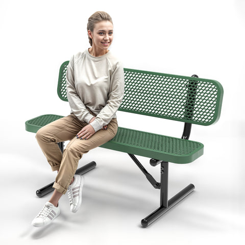 Heavy-Duty Outdoor Bench - Expanded Metal - 4ft - Portable - Green - With Backrest