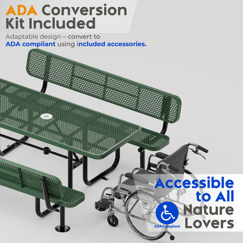 Metal Picnic Table - Rectangle Expanded Metal - 6ft - Green - With Backrest