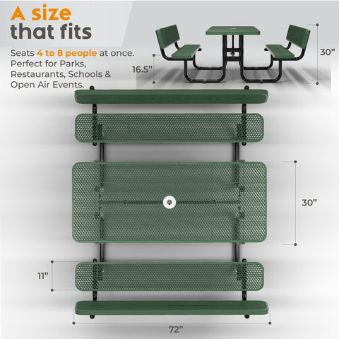 Metal Picnic Table - Rectangle Expanded Metal - 6ft - Green - With Backrest