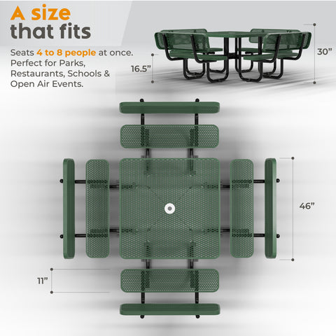 Metal Picnic Table - Square Expanded Metal - 46 in - Green - With Backrest