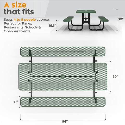 Metal Picnic Table - Rectangle Expanded Metal - 8ft - Green