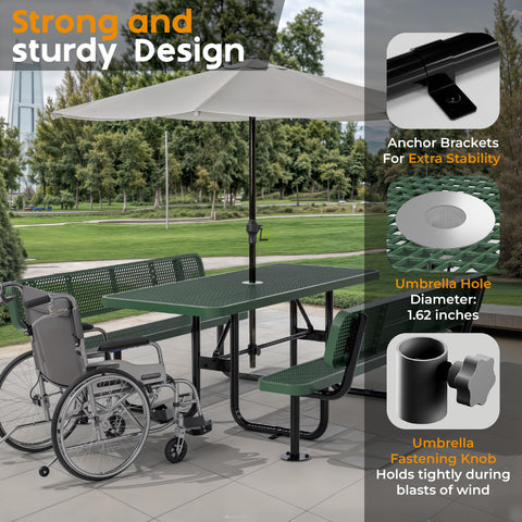Metal Picnic Table - Rectangle Expanded Metal - 6ft - Green - With Backrest