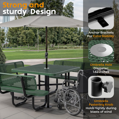Metal Picnic Table - Square Expanded Metal - 46 in - Green - With Backrest