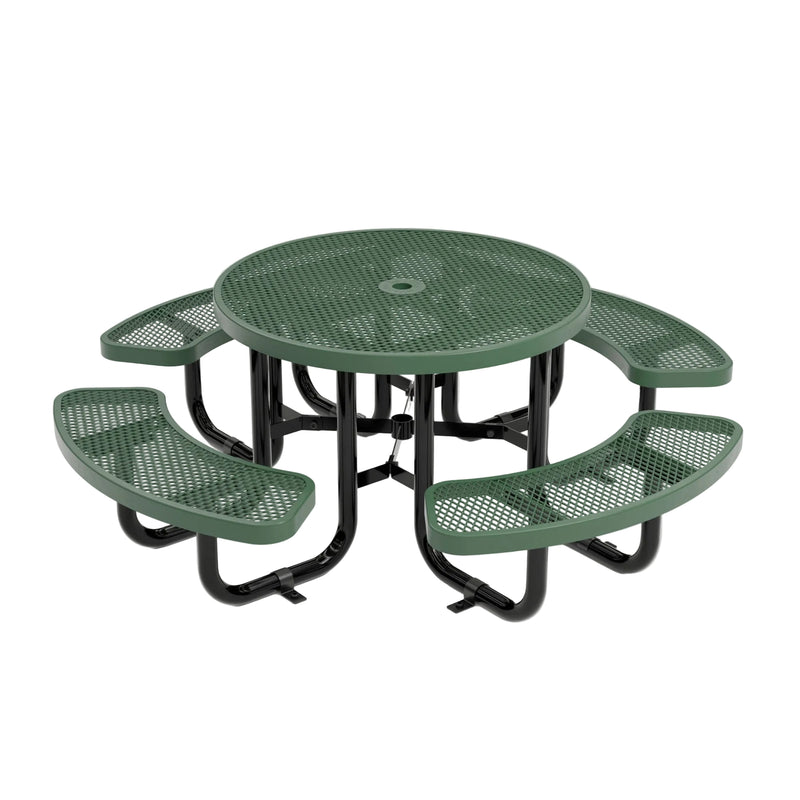A green and black metal picnic table with four attached curved bench seats, shown on a light gray studio background.