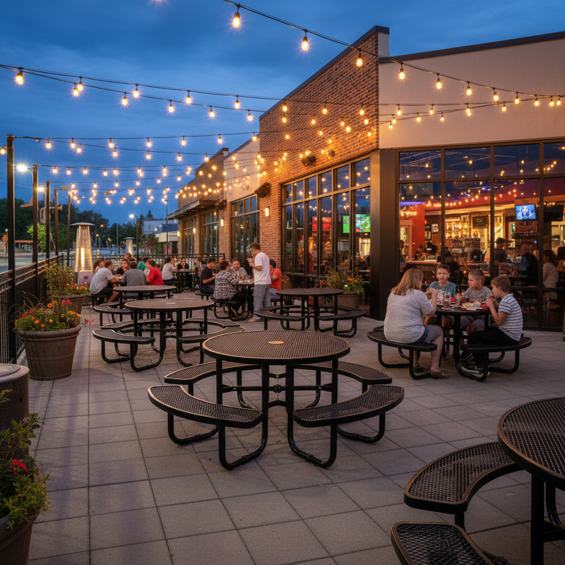 Outdoor patio with string lights and people dining at dusk.
