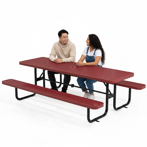 Metal Picnic Table - Rectangle Punched Metal - 8ft - Red - ADA Compliant