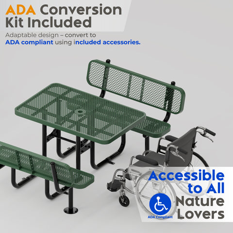 Metal Picnic Table - Rectangle Expanded Metal - 4ft - Green - Backrest - ADA Compliant
