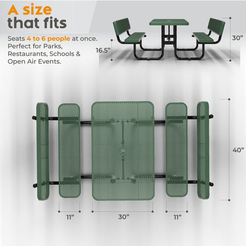 Metal Picnic Table - Rectangle Expanded Metal - 4ft - Green - Backrest - ADA Compliant