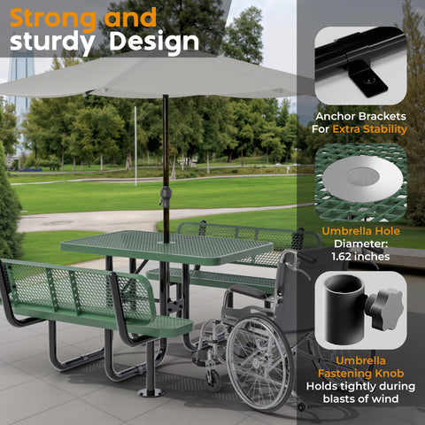 Metal Picnic Table - Rectangle Expanded Metal - 4ft - Green - Backrest - ADA Compliant
