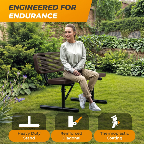 Heavy-Duty Outdoor Bench - Expanded Metal - 4ft - Portable - Brown - With Backrest
