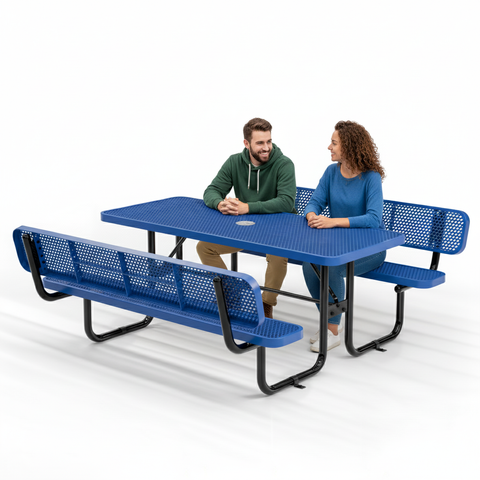 Metal Picnic Table - Rectangle Expanded Metal - 6ft - Blue - With Backrest - ADA Compliant