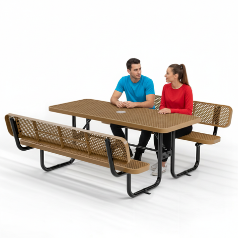 Metal Picnic Table - Rectangle Expanded Metal - 6ft - Brown - With Backrest - ADA Compliant