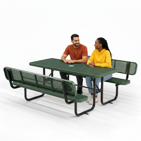 Metal Picnic Table - Rectangle Expanded Metal - 6ft - Green - With Backrest - ADA Compliant