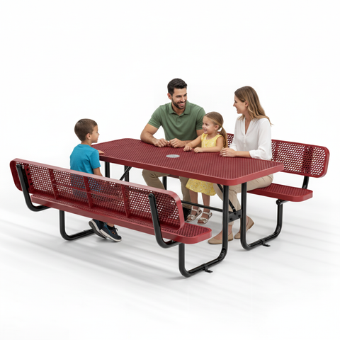 Metal Picnic Table - Rectangle Expanded Metal - 6ft - Red - With Backrest - ADA Compliant
