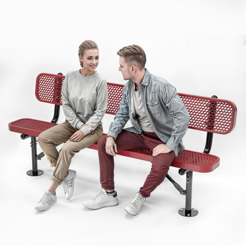 Heavy-Duty Outdoor Bench - Expanded Metal - 6ft - Surface - With Back - Red