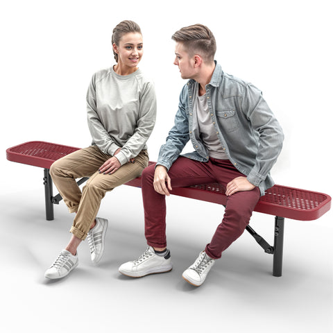 Heavy-Duty Outdoor Bench - Expanded Metal - 6ft - Inground - No Back - Red