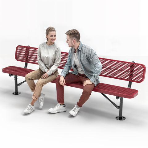 Heavy-Duty Outdoor Bench - Expanded Metal - 8ft - Surface - Red - With Backrest