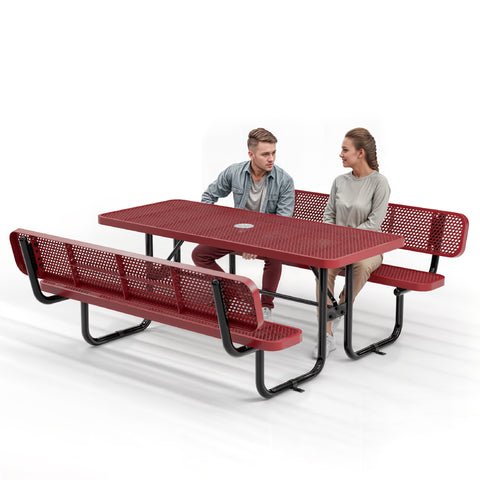 Metal Picnic Table - Rectangle Expanded Metal - 6ft - Red - With Backrest