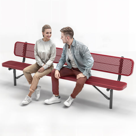 Heavy-Duty Outdoor Bench - Expanded Metal - 8ft - Inground - Red - With Backrest