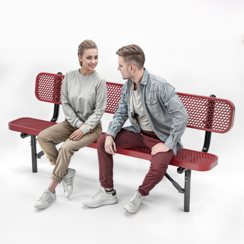 Heavy-Duty Outdoor Bench - Expanded Metal - 6ft - Inground - With Back - Red