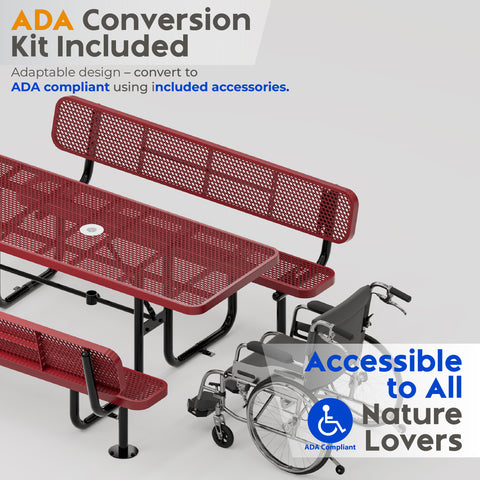 Metal Picnic Table - Rectangle Expanded Metal - 6ft - Red - With Backrest