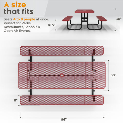 Metal Picnic Table - Rectangle Expanded Metal - 8ft - Red