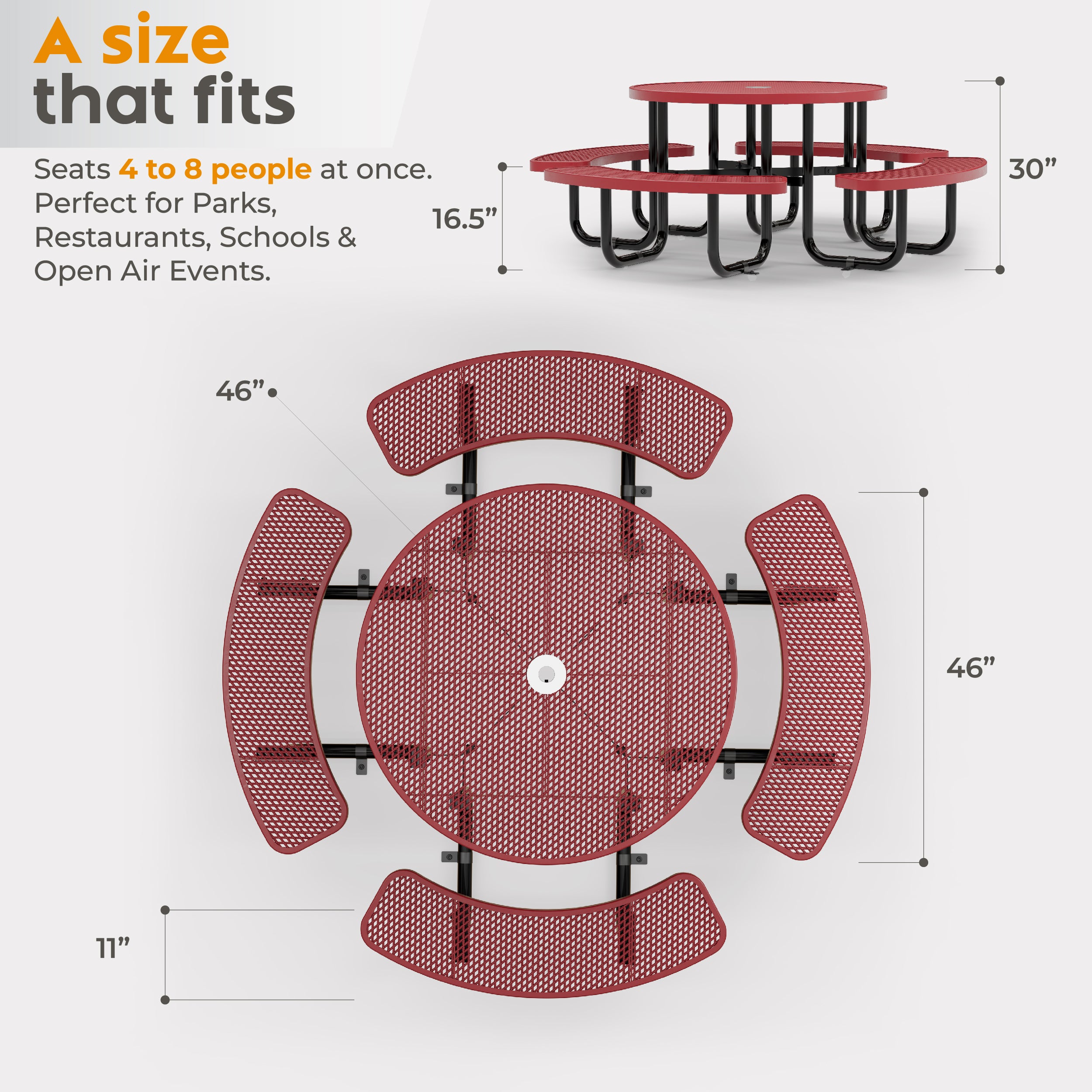 Metal Picnic Table - Round Expanded Metal - 46 in - Red - ADA
