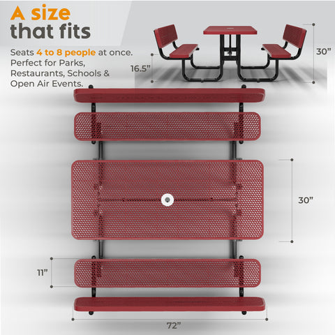 Metal Picnic Table - Rectangle Expanded Metal - 6ft - Red - With Backrest