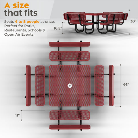 Metal Picnic Table - Square Expanded Metal - 46 in - Red - With Backrest