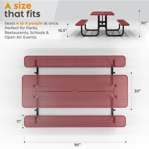 Metal Picnic Table - Rectangle Punched Metal - 8ft - Red