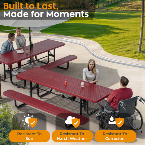 Metal Picnic Table - Rectangle Punched Metal - 8ft - Red