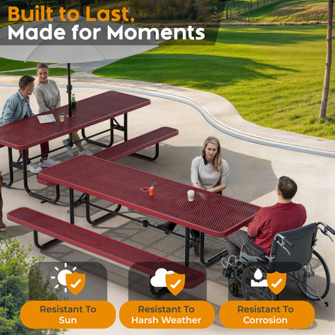 Metal Picnic Table - Rectangle Expanded Metal - 8ft - Red