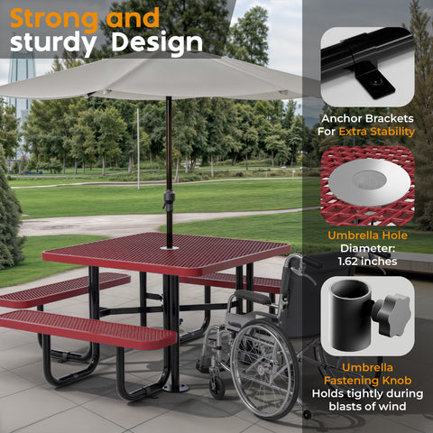 Metal Picnic Table - Square Expanded Metal - 46 in - Red