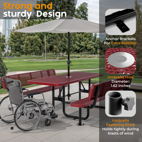 Metal Picnic Table - Rectangle Expanded Metal - 6ft - Red - With Backrest