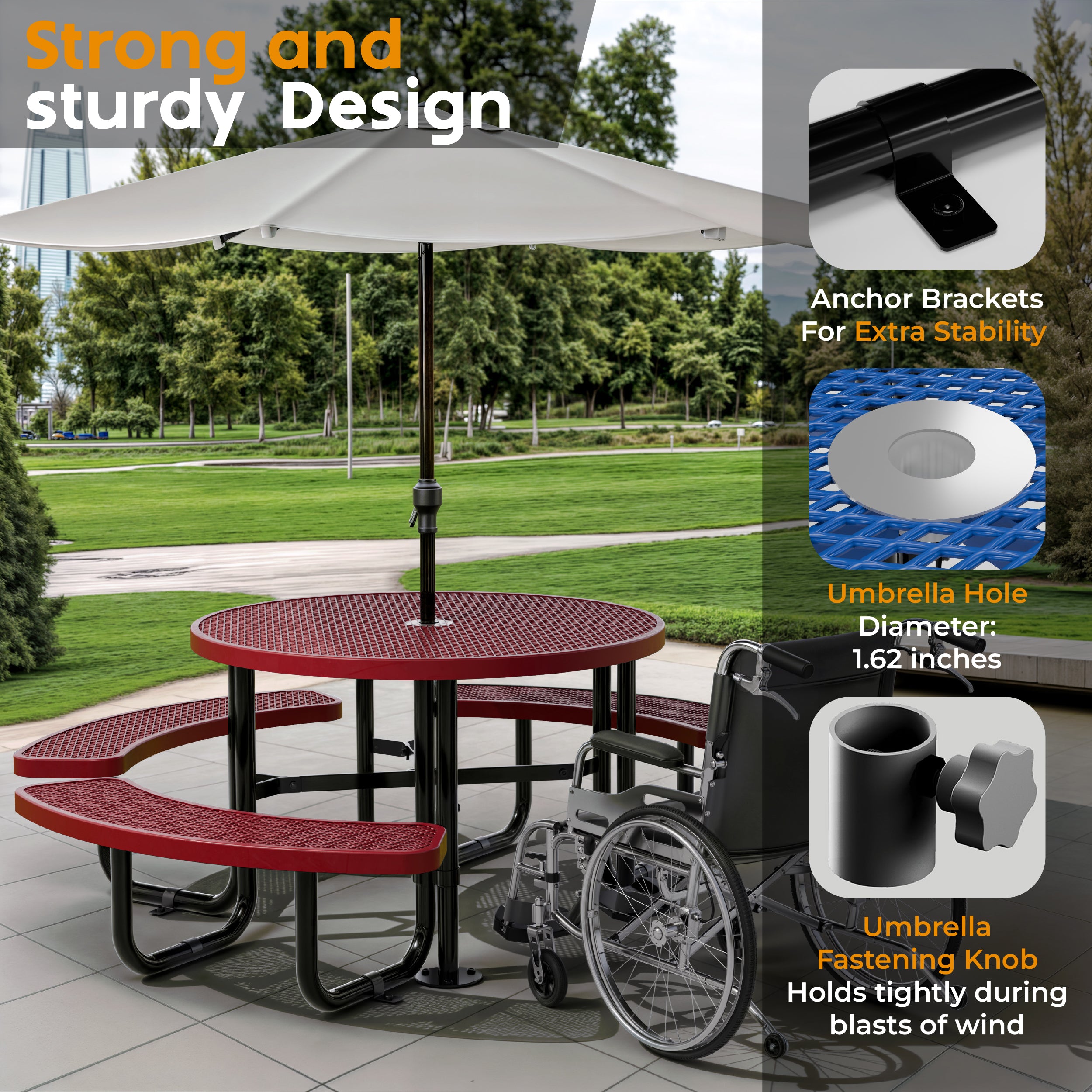 Metal Picnic Table - Round Expanded Metal - 46 in - Red - ADA