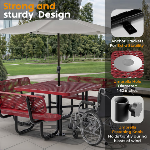 Metal Picnic Table - Square Expanded Metal - 46 in - Red - With Backrest