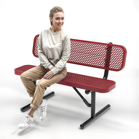 Heavy-Duty Outdoor Bench - Expanded Metal - 4ft - Portable - Red - With Backrest