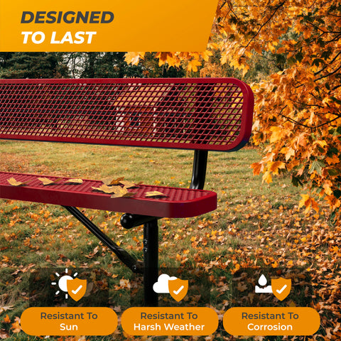 Heavy-Duty Outdoor Bench - Expanded Metal - 4ft - Inground - Red - With Backrest