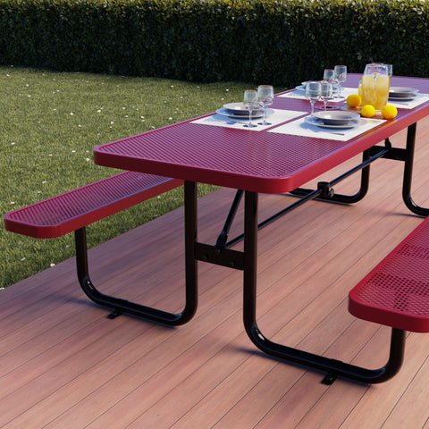 Metal Picnic Table - Rectangle Punched Metal - 8ft - Red