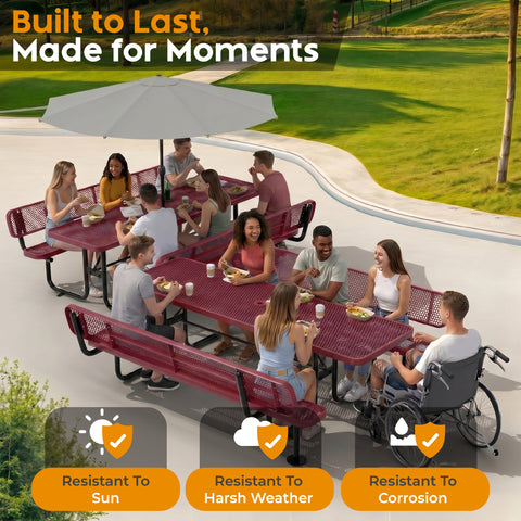 Metal Picnic Table - Rectangle Expanded Metal - 8ft - Red - ADA Compliant
